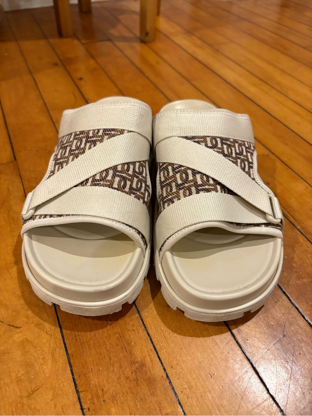 Aldo Cream Slide Sandals with Brown Patterned Straps men’s size 9